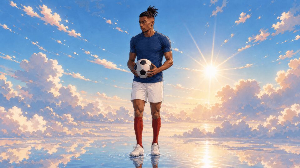 Ein Athlet im blauen Fußballtrikot hält einen Ball und steht auf einem spiegelglatten Meer unter hellem Himmel