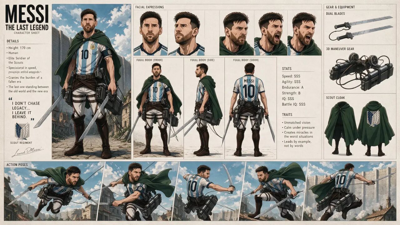 Character sheet of a bearded footballer in a striped number 10 kit and green cape: poses, expressions and gear notes