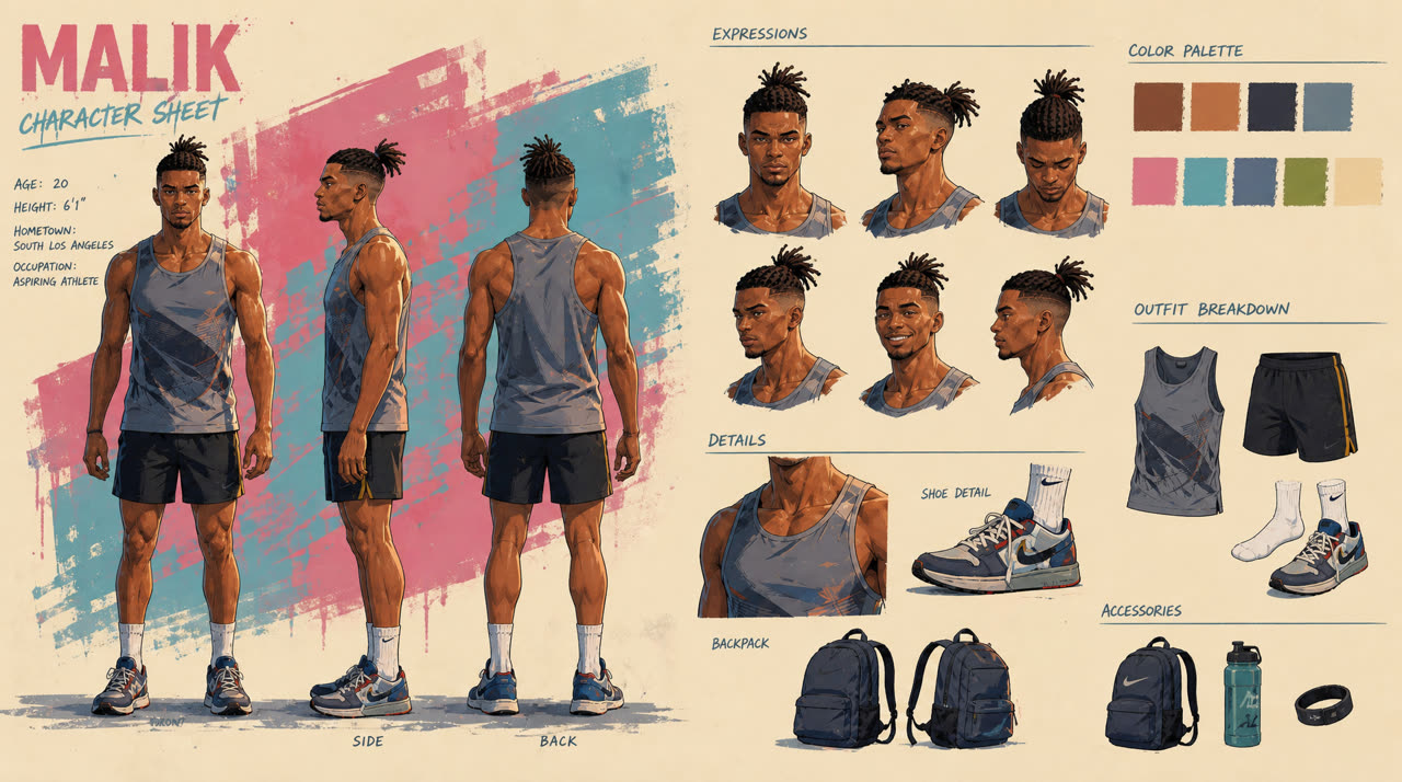 Character sheet for Malik, a young athlete in a grey vest and black shorts: front, side and back, six expressions, outfit and accessories