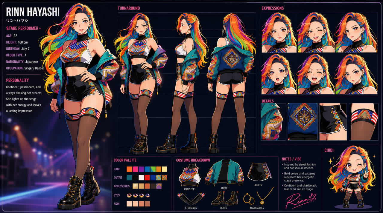 Charakterblatt von Rinn Hayashi, einer Bühnenkünstlerin mit Regenbogenhaaren, gemustertem Crop Top und petrolfarbener Jacke: ganze Pose, Rundumansicht, Gesichtsausdrücke, Farbpalette und ein Chibi
