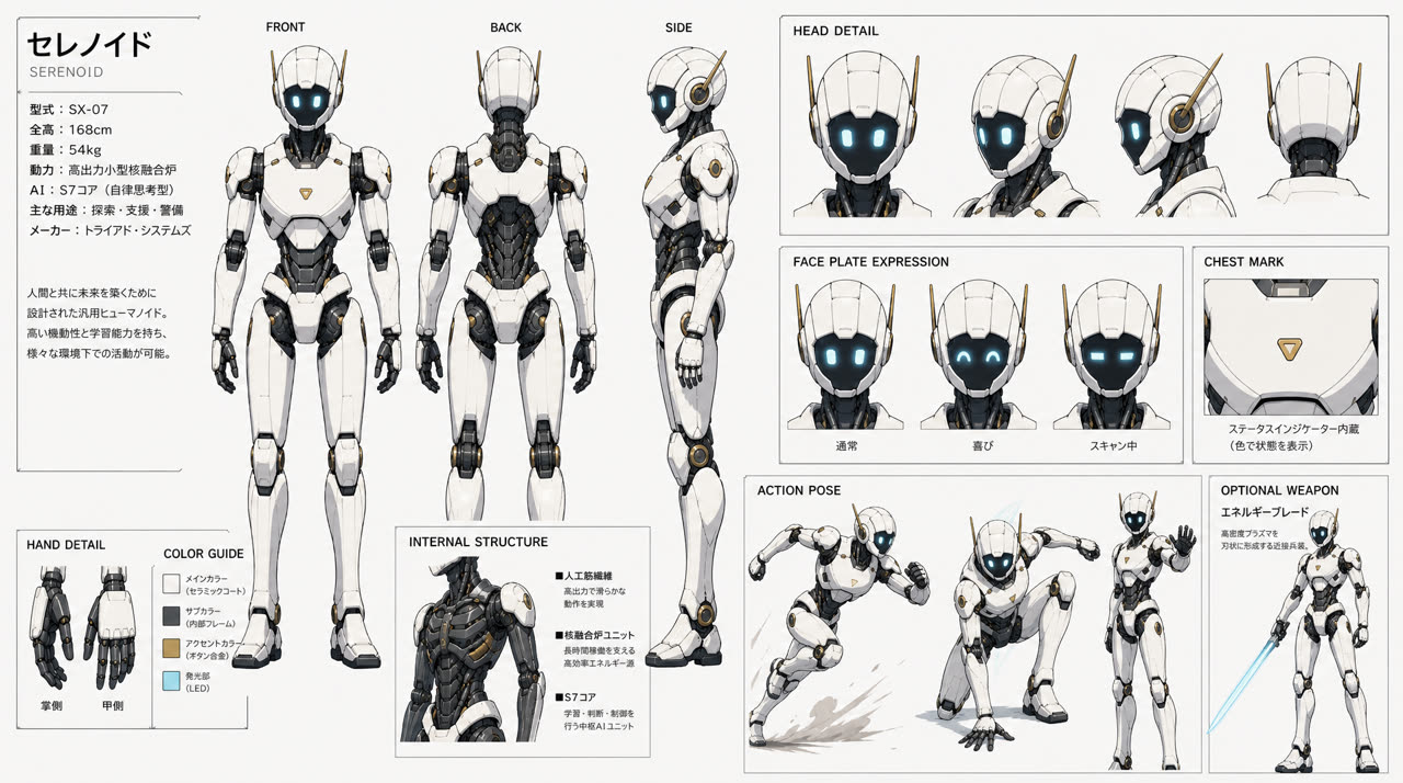 Charakterblatt im Mecha Stil von Serenoid, einem humanoiden Roboter in Weiß und Schwarz mit goldenen Akzenten und leuchtend blauen Augen: vorne, hinten, seitlich, Gesichtsplatten und Actionposen