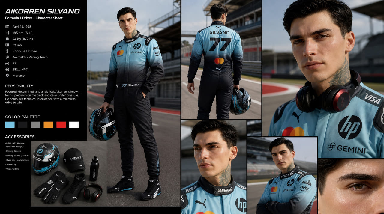 Character sheet for Aikorren Silvano, a racing driver in a blue and black race suit: front and back views, face close ups, helmet and accessories