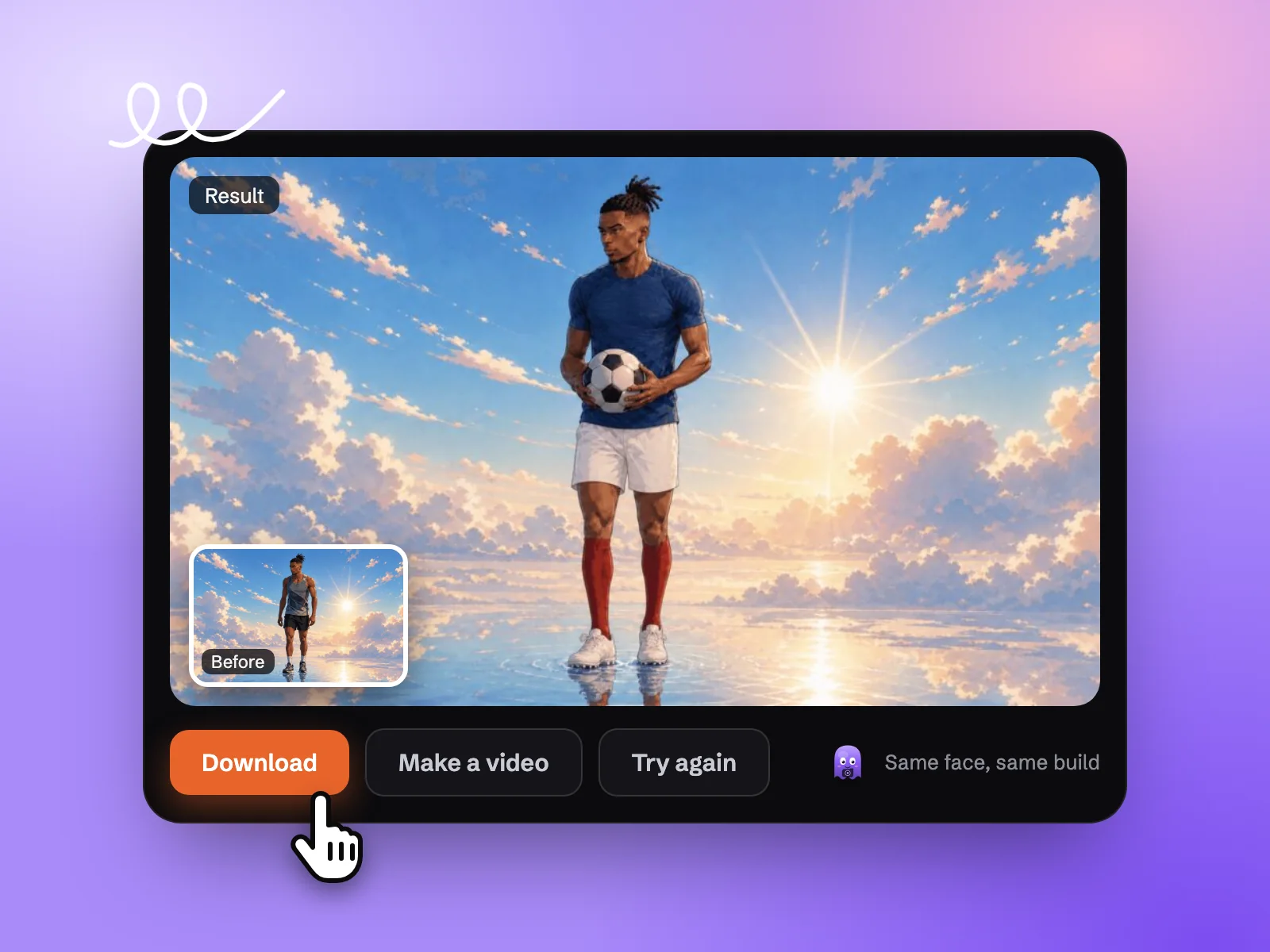Derselbe Athlet jetzt im blauen Fußballtrikot mit Ball, ein kleines Vorherbild und ein Downloadbutton