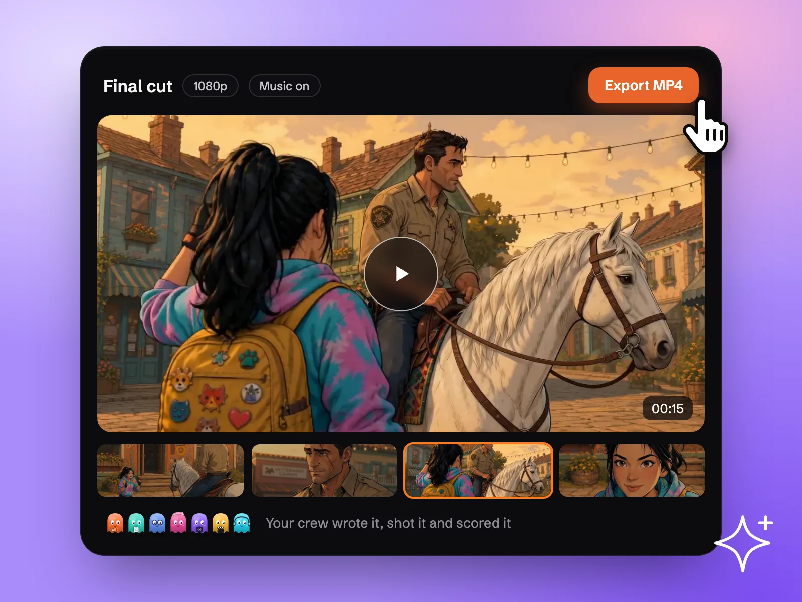 A final cut player showing the hoodie girl and the sheriff, four scene thumbnails and an Export MP4 button