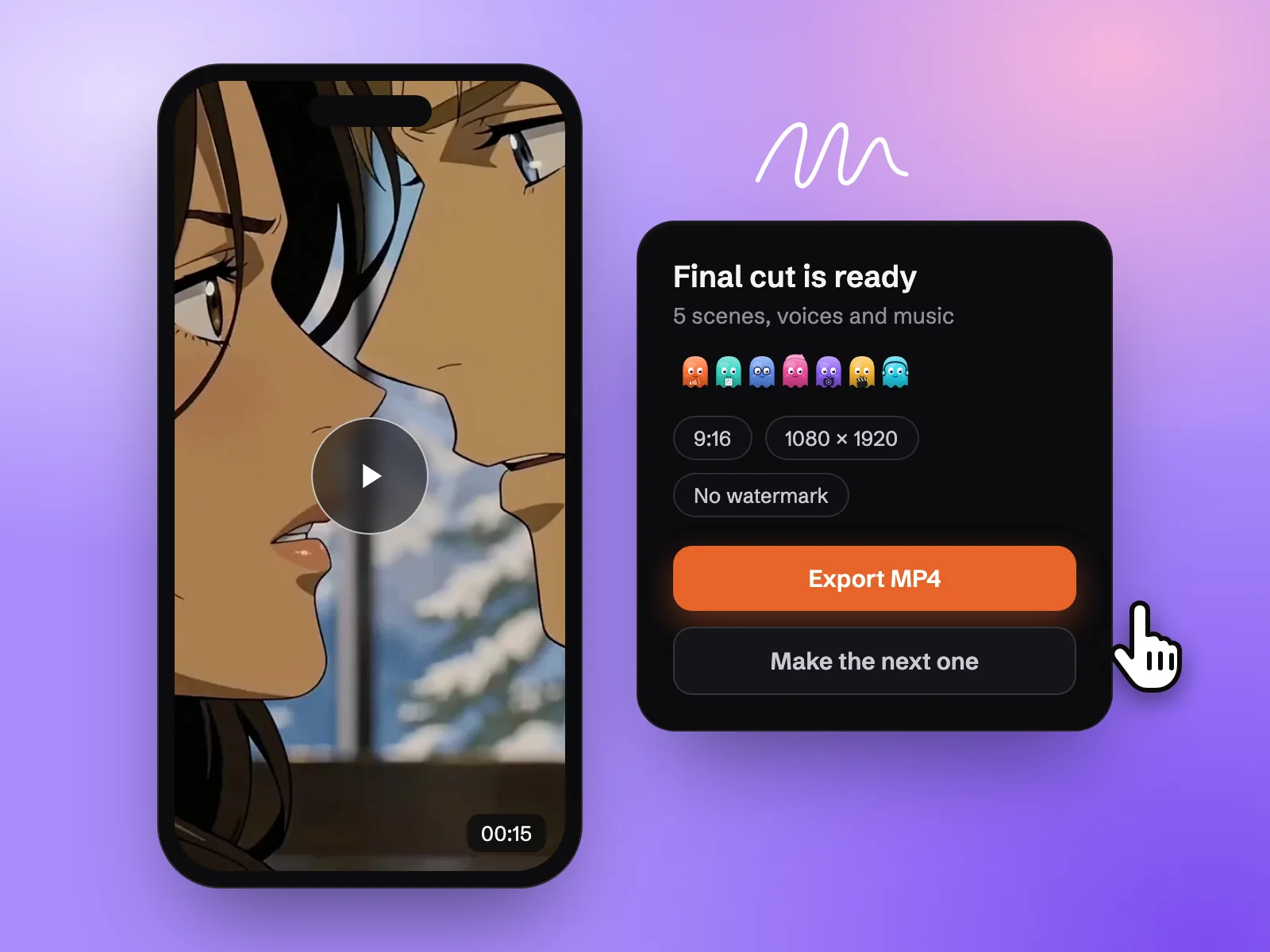 Ein Handy mit dem vertikalen Micro Drama neben einer Karte, die den fertigen Schnitt meldet, mit einem Button zum Export als MP4