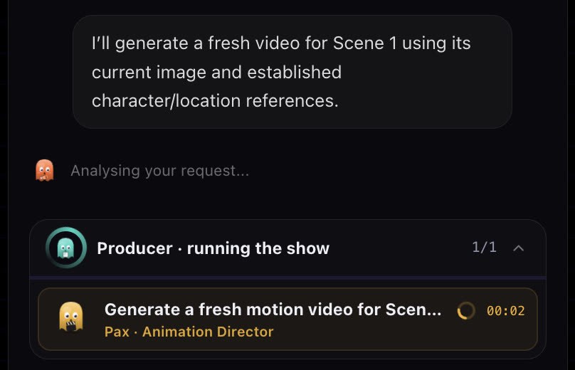 The chat with the Producer agent running the show, handing a Seedance video job for Scene 1 to Pax, the animation director agent