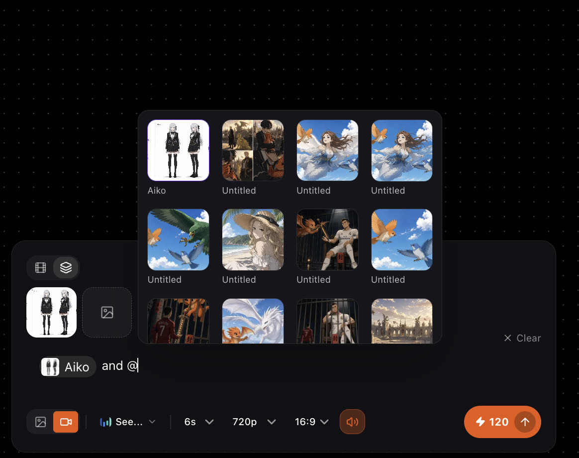 The freeform generator on the canvas with the @ reference picker open over saved character sheets